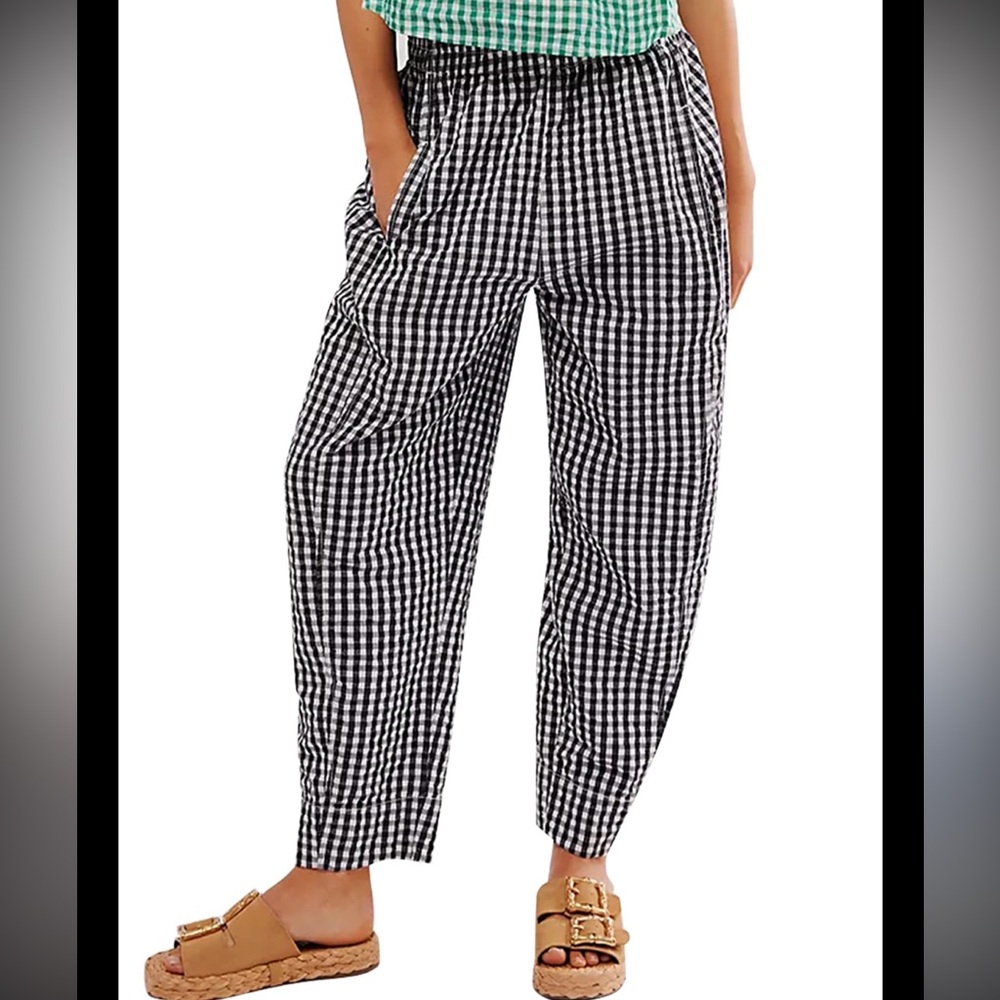 Free People Preppy Poplin Gingham Pants- Barrel Leg Look